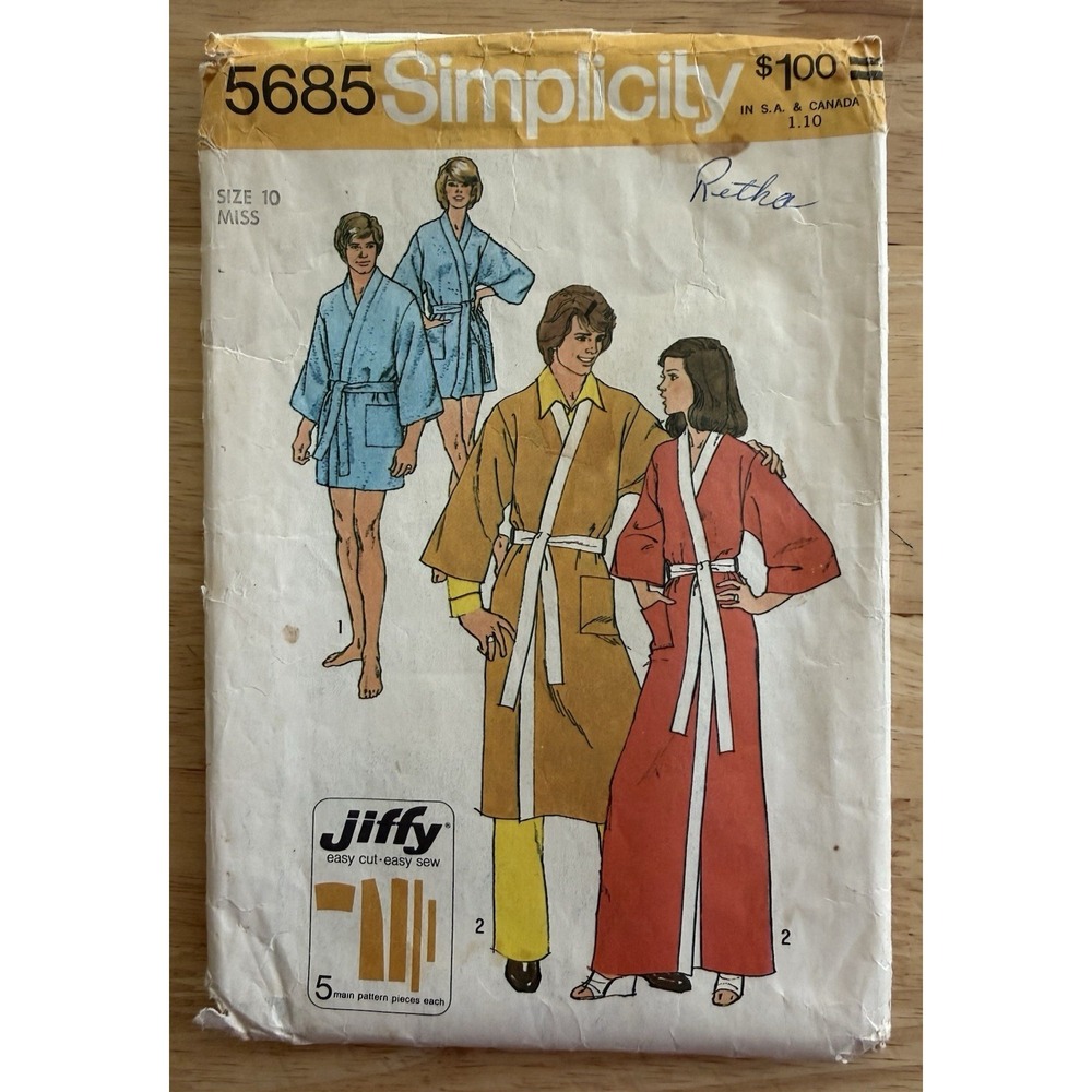 Simplicity Pattern 5685 Jiffy KIMONO ROBE 2-Lengths Miss Size 10 CUT Complete